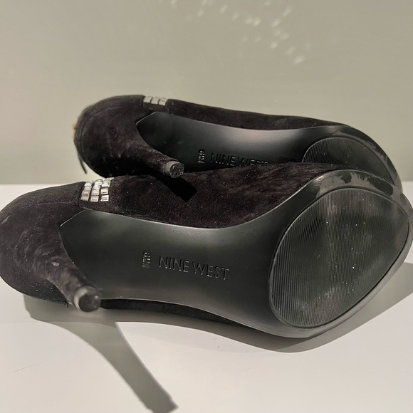 NINE WEST Black Suede Rhinestone Peep-Toe Ankle Boots - Picture 7 of 8
